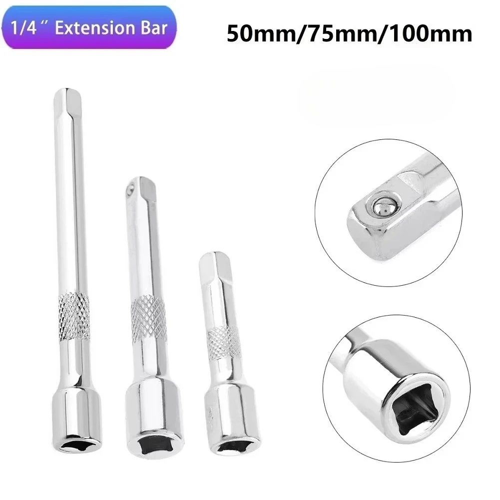 1/4 Inch Socket Ratchet Wrench Extension Bar 50/75/100mm Long Bar Steering Sleeve Connecting Rod Socket Extender Hand Tool