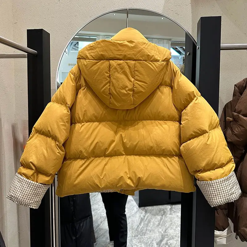 Winter New Women's Down Jacket Commuter Splicing Checkered Hoodie Jacket
