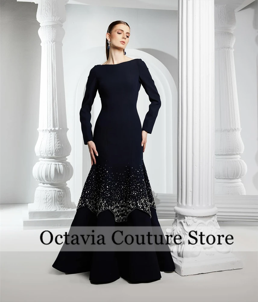Pretty Black Irregular Neck A-Line Dubai Evening Dresses with Full Sleeves Crystal Elegant Wedding Dresses Prom Gown Customized