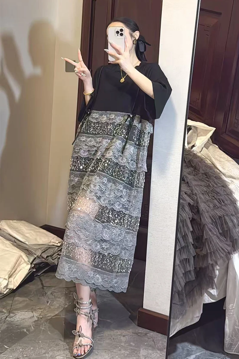 2025 ฤดูร้อนใหม่ผู้หญิงElegantหลวมลูกไม้ยาวเสื้อยืดหญิงแขนสั้นชุดขายส่งJ2006