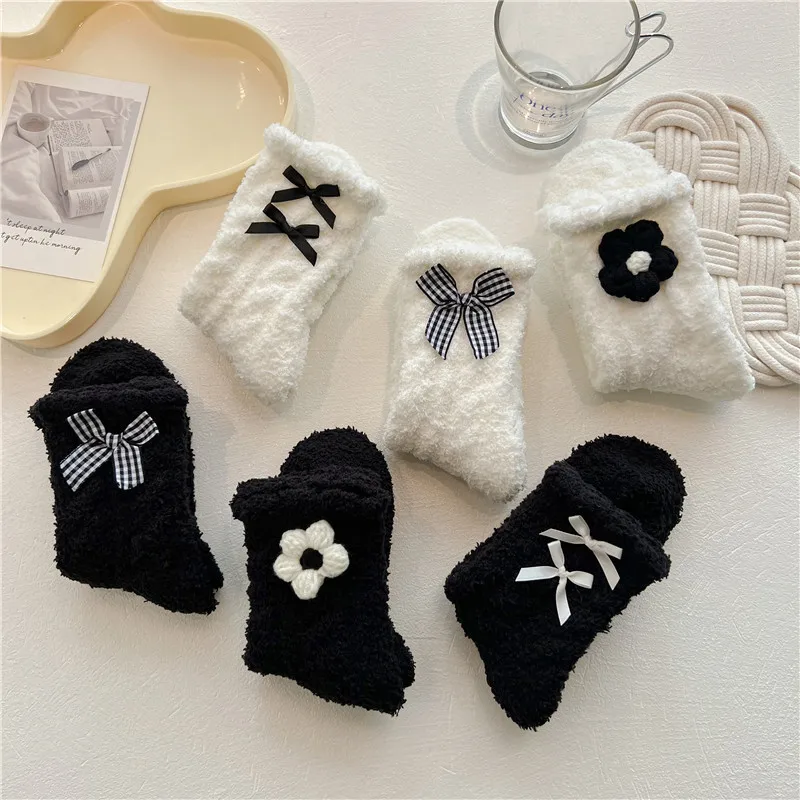 Women Cute Fuzzy Socks White Black  Winter Warm Fleece Kawaii Flower Bowknot Fluffy Socks Fashion Thicken Home Floor Sleep Sock