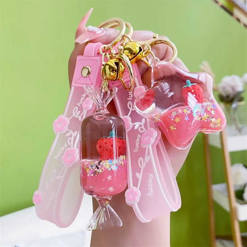 Pink Strawberry Acrylic Floating Sequins Keyring with Pentagram Rocket Design Quicksand Oil Bottle Women's Bag Pendant Keychain
