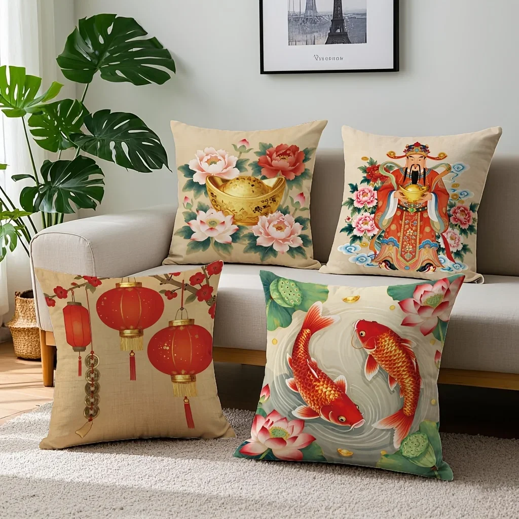 Set of Four Decorative Throw Pillow Covers Featuring Asian Art Motifs: Peonies, Deity, Lanterns, and Koi Fish