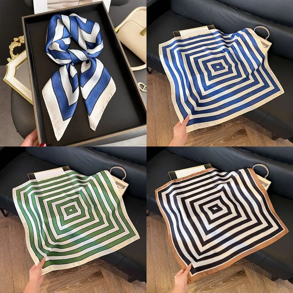 

Geometric Stripes Print Silk Square Scarfs Soft Square Shape Foulard Bandana Stripes Pattern Print Design Women Scarfs Neck Ties