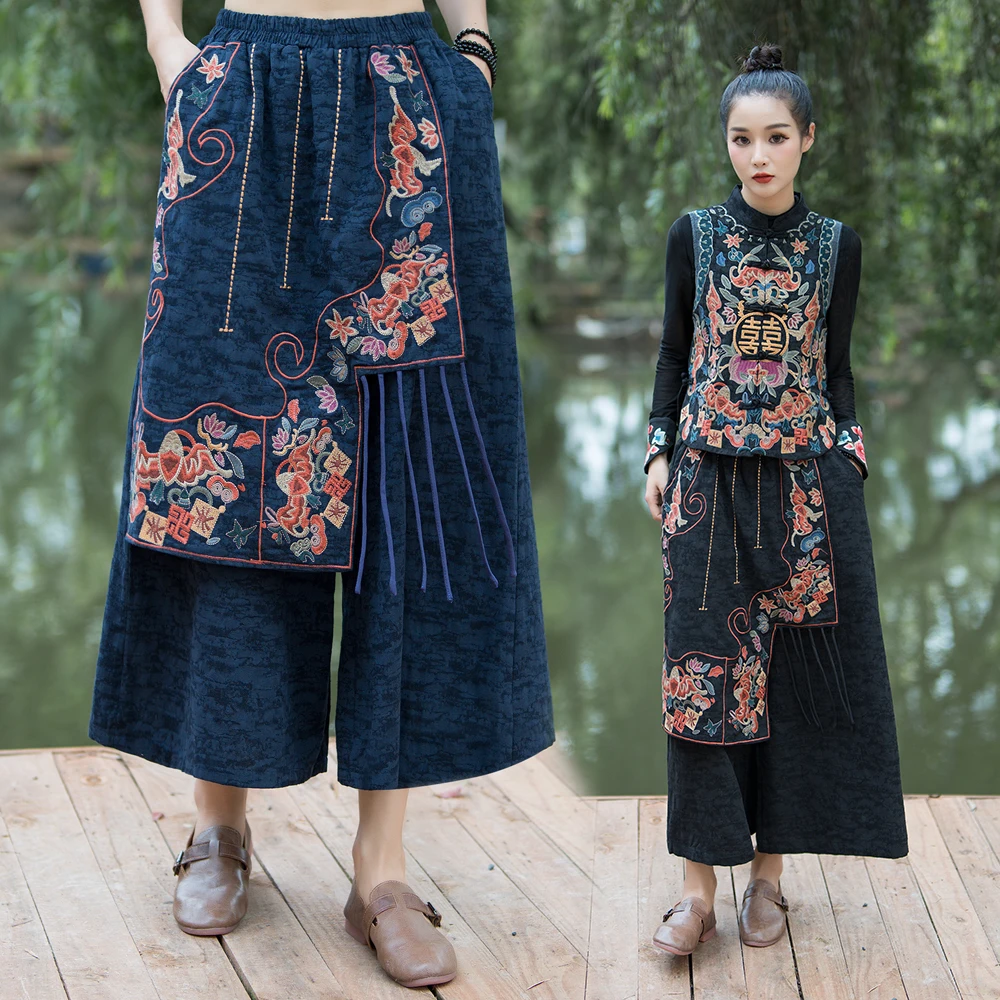 High Waist Wide Leg Pants Embroidered Harlan Straight Lantern Casual Trousers Ethnic Style Yunnan Handicrafts Women's Fashion