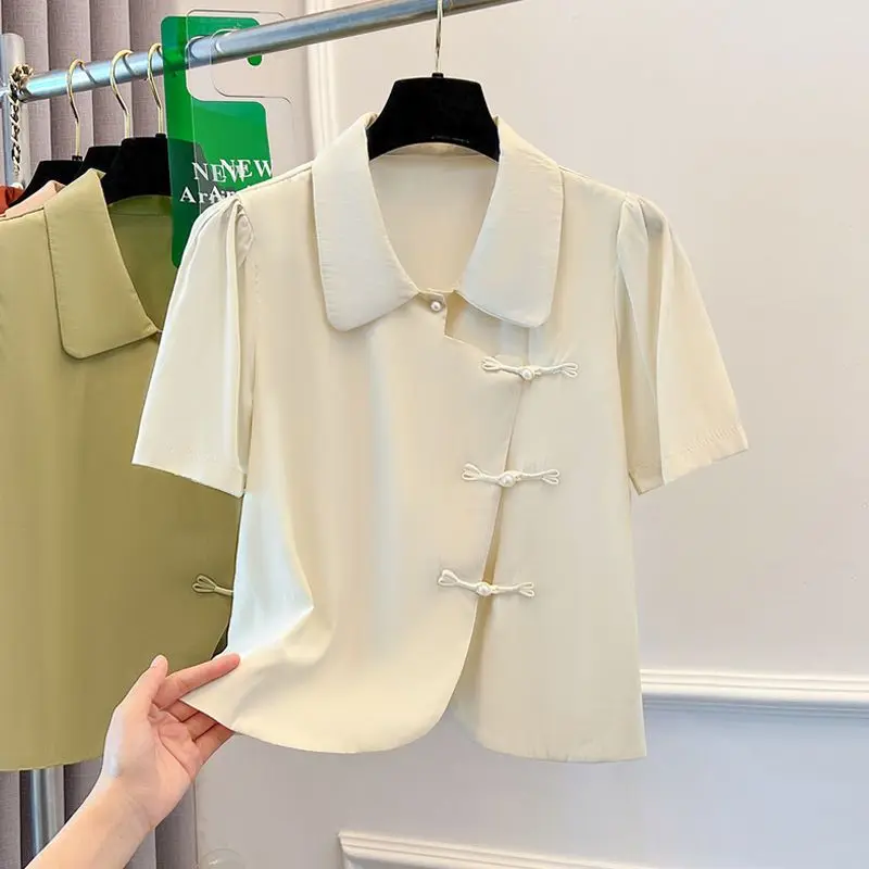 2024 Summer New Korean Retro Button Chiffon Short Sleeve Blouses Peter Pan Collar Solid Ruched Loose Women\'s Commuter Shirt Tops