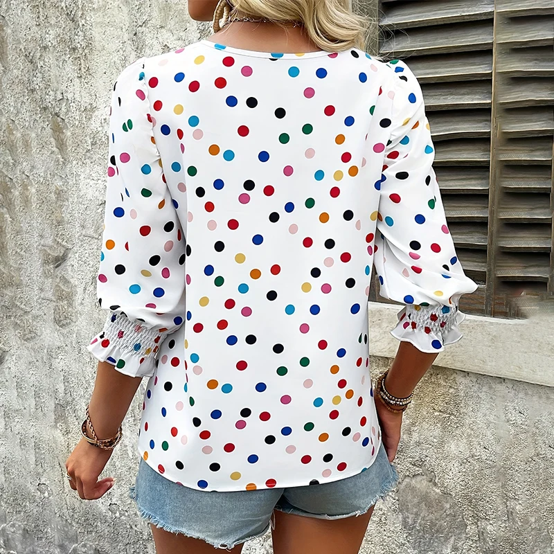 Women\'s summer top round neck eight-sleeved white shirt polka dot casual breathable fiber