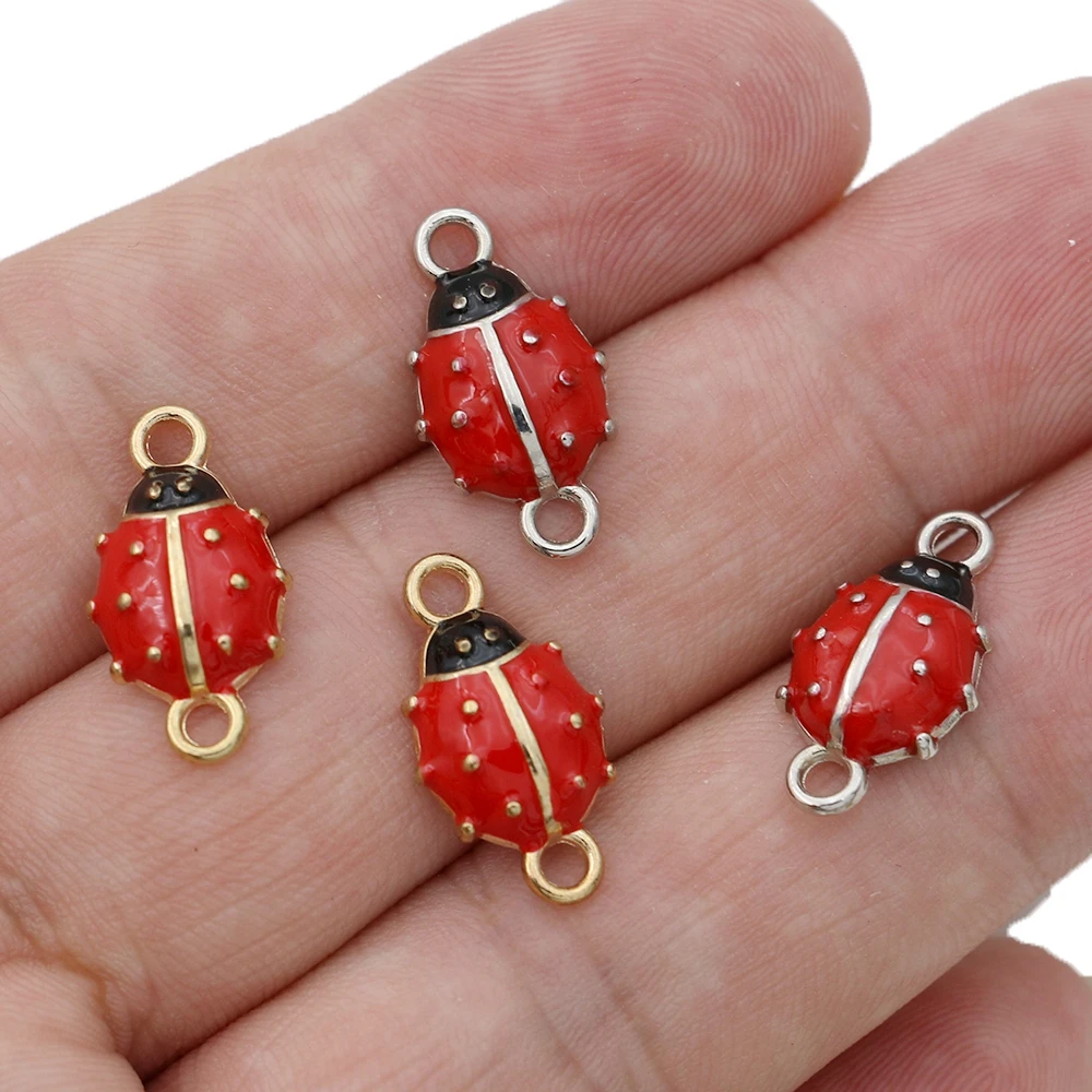10 Uds. Conector de dije de escarabajo de mariquita esmaltado chapado en oro para hacer joyería, accesorios de pulsera, hallazgos hechos a mano DIY