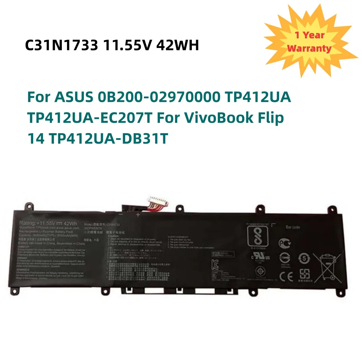 C31N1733 Laptop Battery for ASUS VivoBook TP412FA TP412UA Series Notebook TP412UA-EC098T TP412UA-EC060T TP412UA-EC123T 42WH New