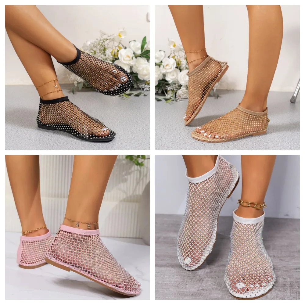 Fashion Holiday Rhinestone Sandal Slipper Non-Slip Flat Shoes Mesh Seaside Sandals Waterproof Shiny Sexy Ankle Boot Summer