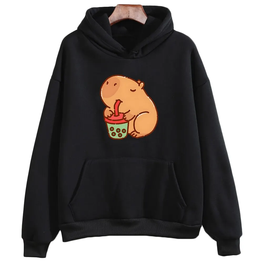 Capybara Drink Bubble Tea Hoodie Kawaii Animal Cartoon Graphic Sweatshirt Kids Clothes Girl Long Sleeve Hooded Boys Top Harajuku