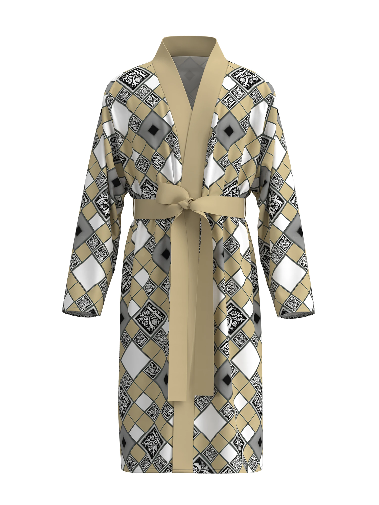 2026 spring and autumn new men's nightgown 3D digital printing retro beige square pattern non-fading home bathrobe long long-sle