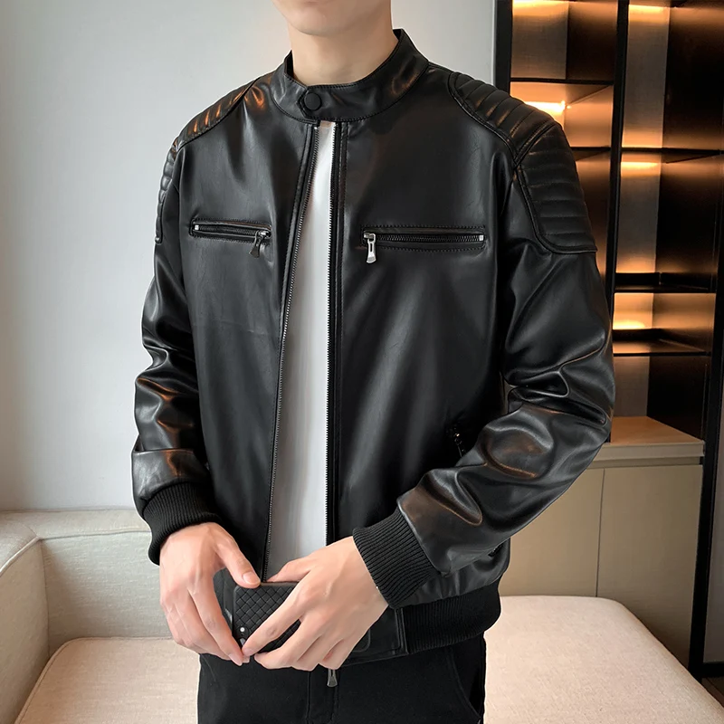 

Мужская модная красивая трендовая однотонная кожаная куртка, молодежное мотоциклетное пальто большого размера, осенняя новая кожаная куртка с воротником-стойкой