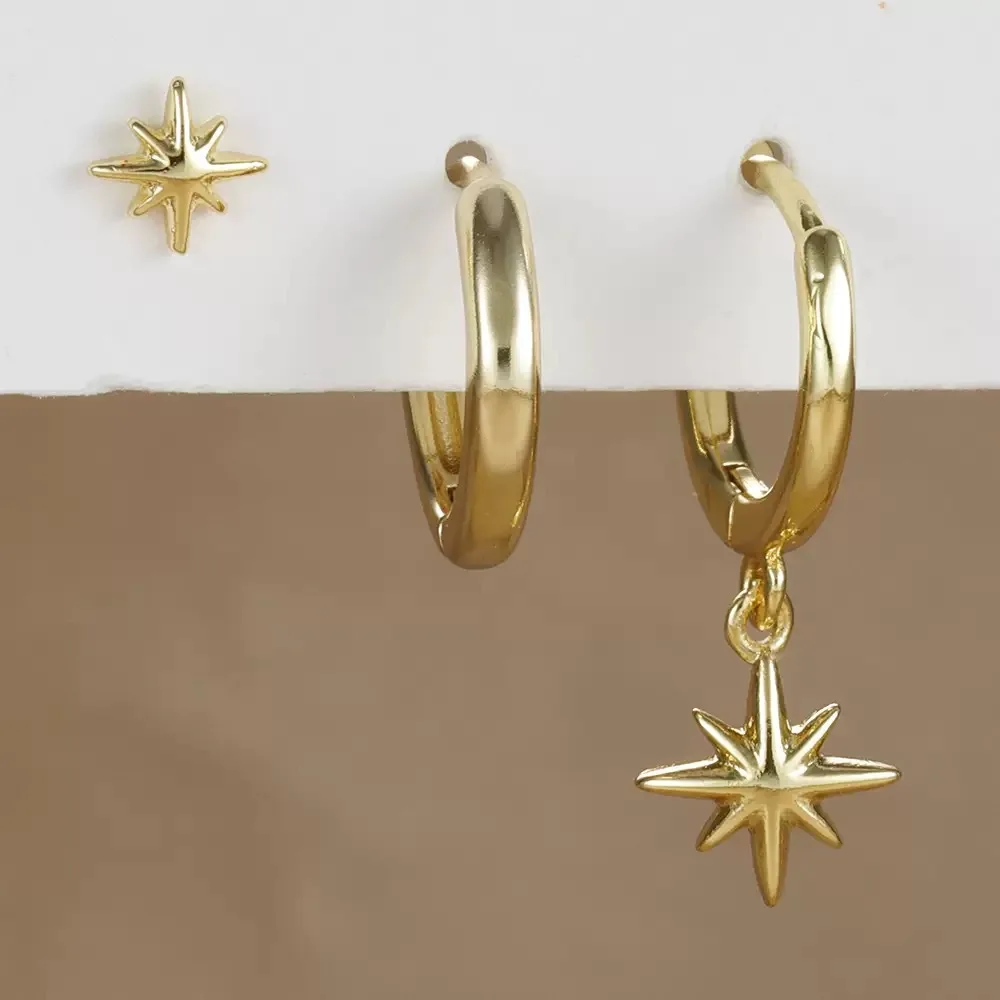 Starburst Hoop Earrings, Gold Tone Copper Star Stud Dangle Set, Celestial Jewelry for Women, Daily Wear, Party, Date Night Gift