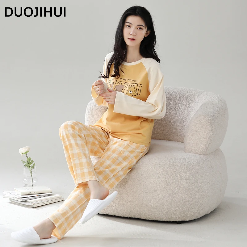 DUOJIHUI Fashion Simple Spell Color Pajamas for Women Autumn Classic O-neck Pullover Loose Casual Pant Basic Female Pajamas Set