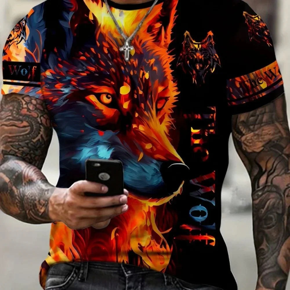 2024 New Animal Fun Wolf 3D Printed Men\'s T-shirt Personalized Extra Large Boys Retro Fashion Round Neck Short Sleeve