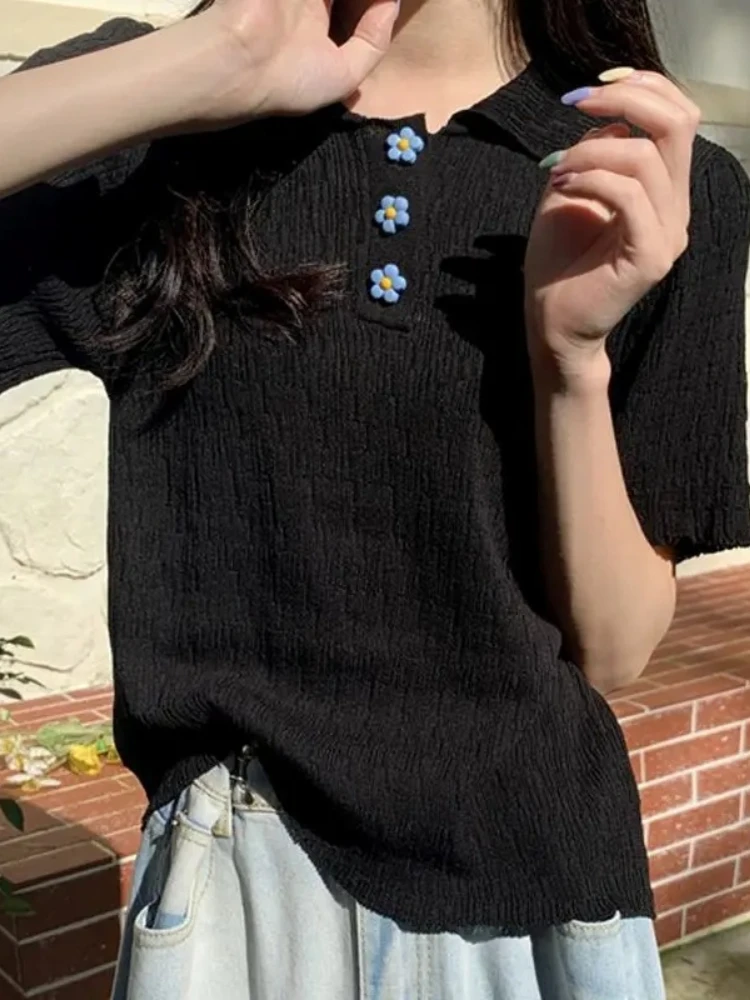 2026 Summer Women's Stylish Niche Polo Collar Knit Short Sleeve T Shirt Korean Style Versatile All Match
