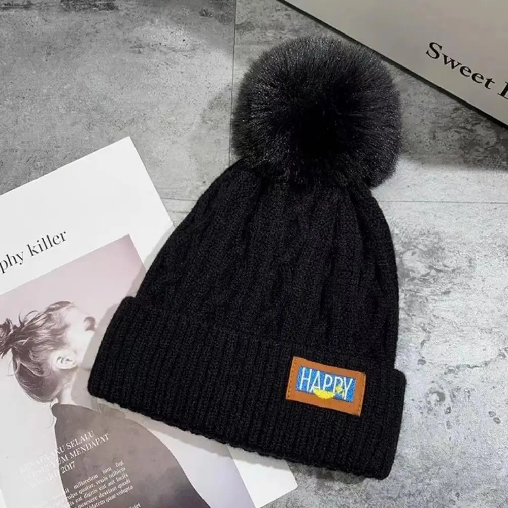 Ladies Thermal Hat Cold Weather Headwear Winter Women's Plush Ball Knitted Hat with Anti-slip Windproof Design for Outdoor