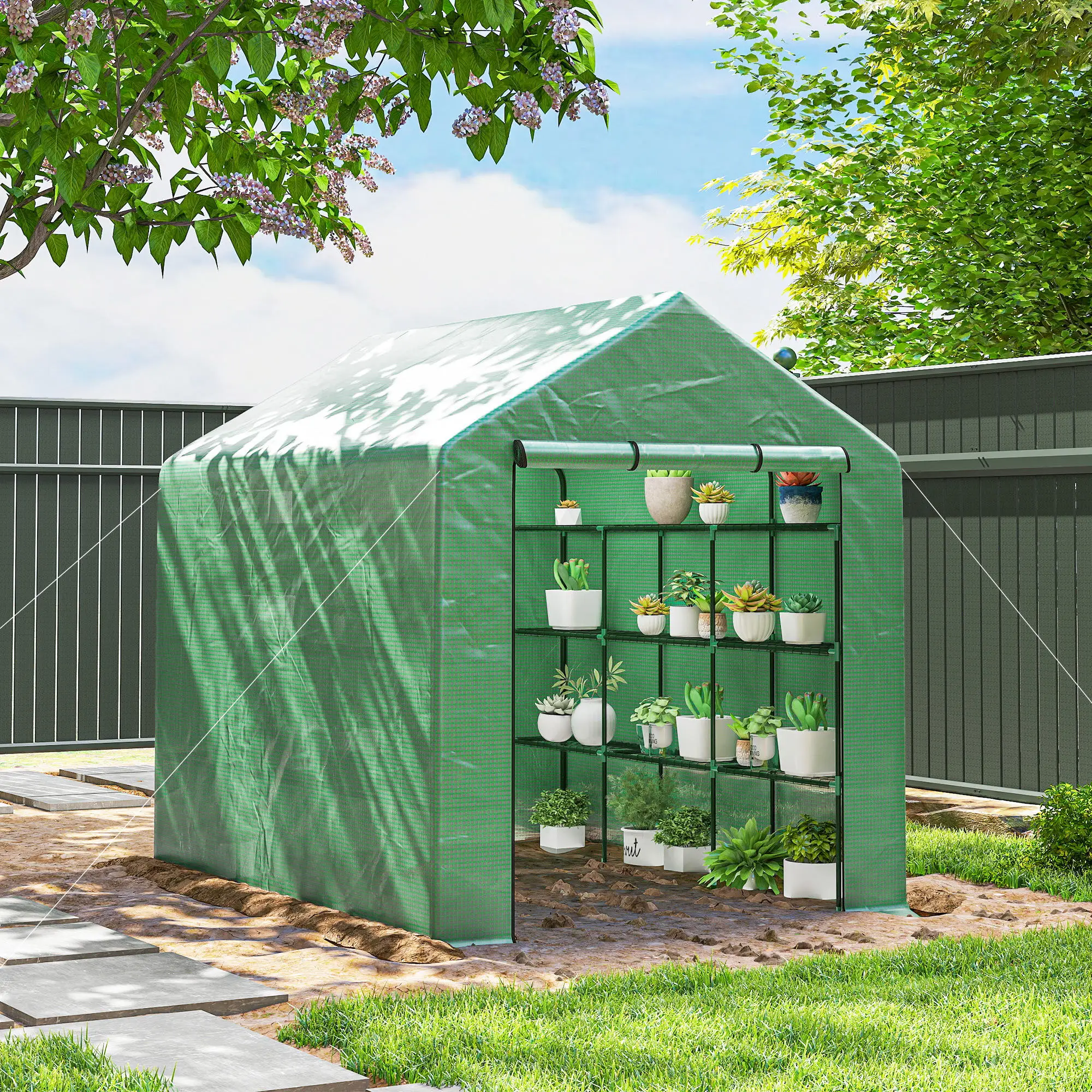Outdoor Walk-in Greenhouse with Roll-up Zipper Door, 18 Shelves, PE Cover, 95.25