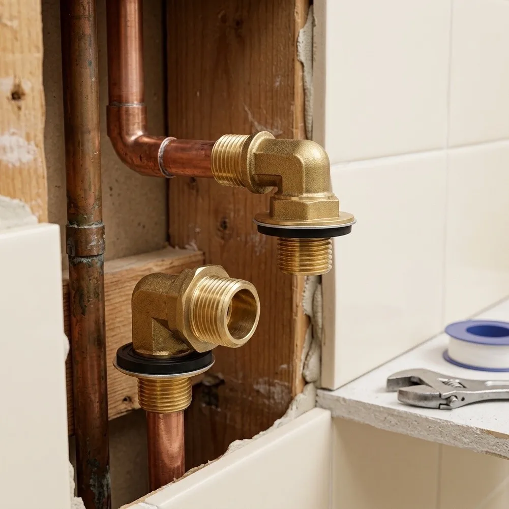 90 Degree Brass Wall Mount Faucet Installation Kit for Commercial Sinks Compact Design with Complete Hardware Set