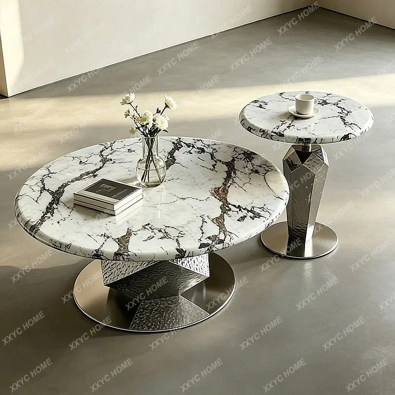 XX Minimalist Marble Coffee Table Set for Living Room, Small Space Designer Stainless Steel Diamond Shape