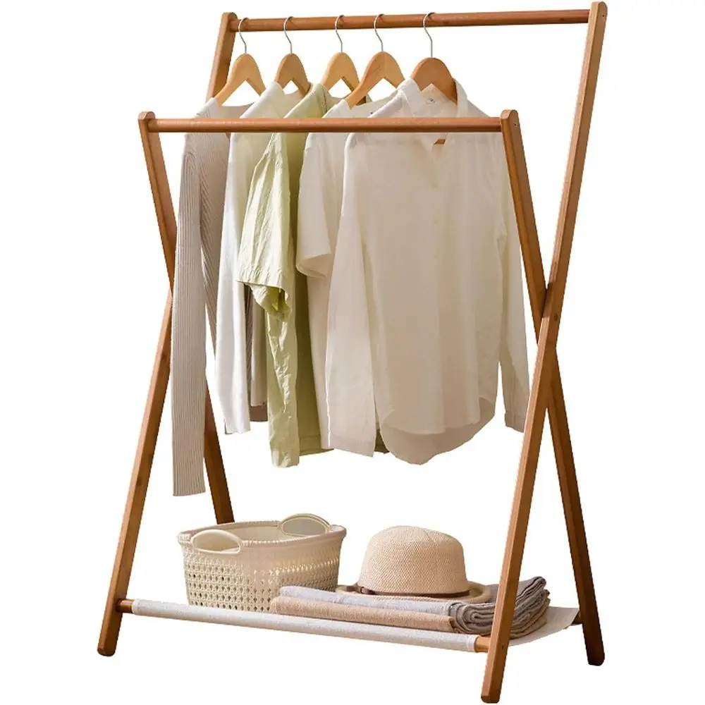

Compact Bamboo Clothes Drying Rack with Storage, Foldable Airer, and Coat Hanger for Small Spaces, Space-Efficient Laundry Organ