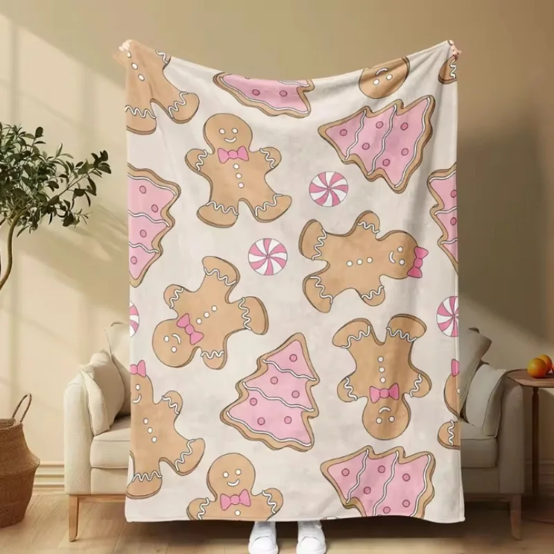 1pc Flannel Blanket Christmas Theme Pink Gingerbread Biscuit Pattern, Can Be Used for Sofa Lunch Break Travel Holiday Gift