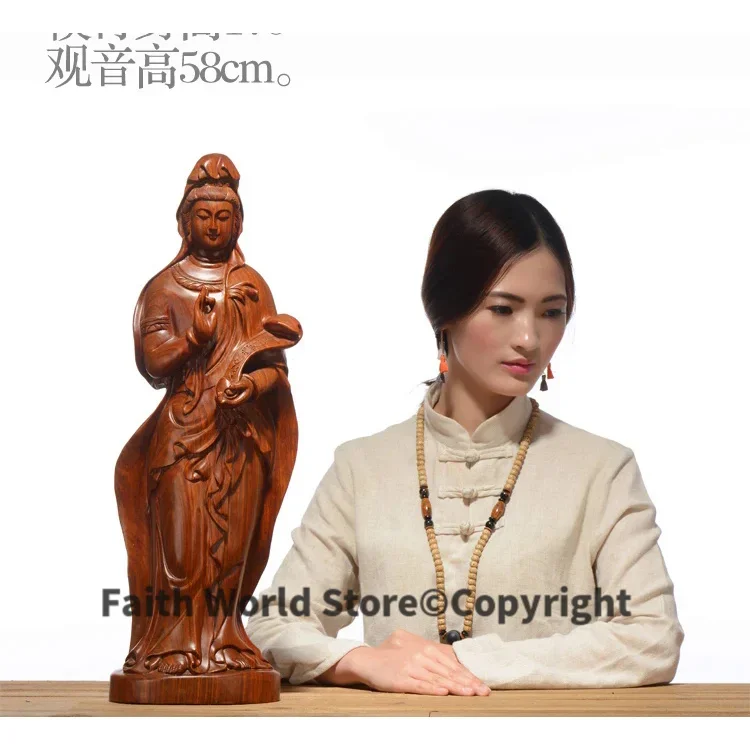 58CM large Huge effective blessing Luck safe RUYI godness Guanyin Bodhisattva Buddha Handmade Yellow pear wood carving statue