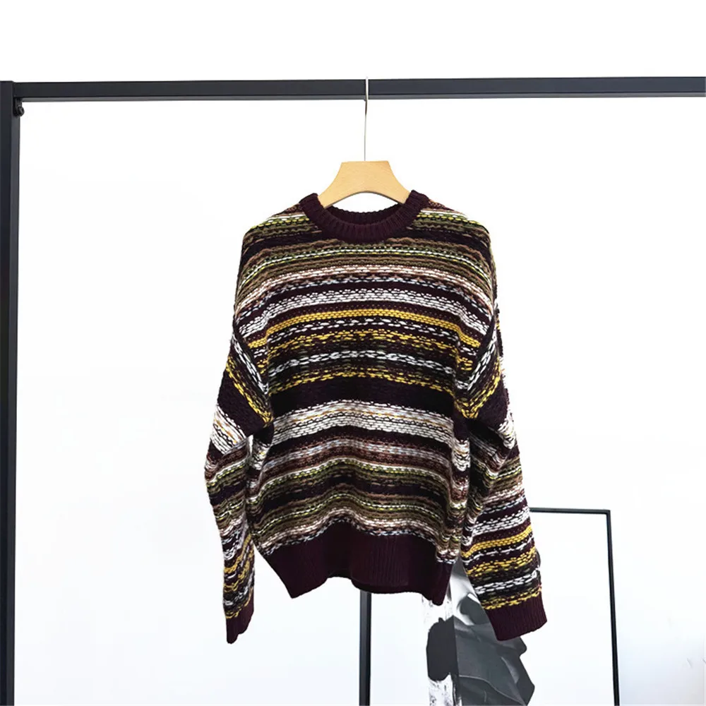 

25 Autumn/Winter Vintage Women's Color Blocked Striped Pullover Round Neck Lng Sleeved Loose Wool Thick Knit Sweater