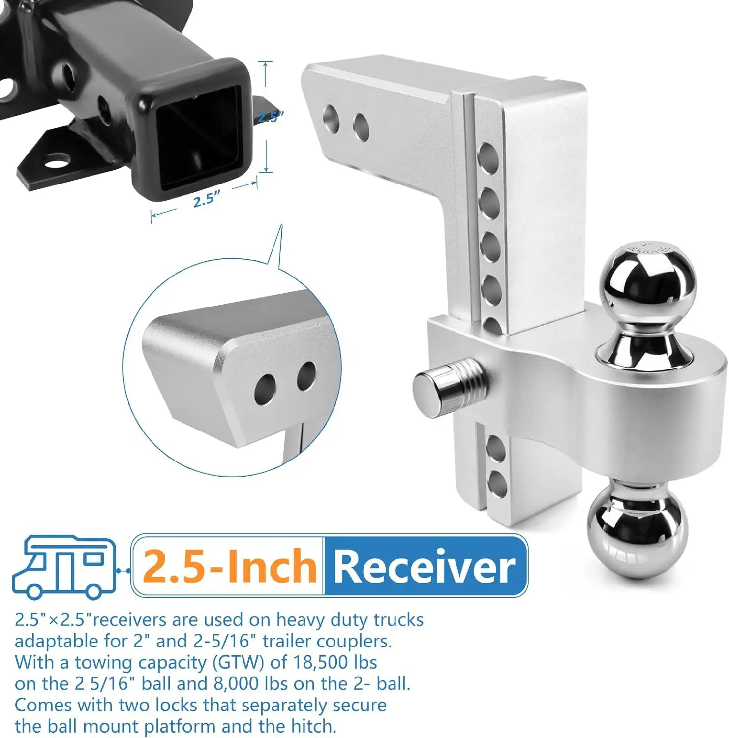 Adjustable Aluminum Trailer Hook, Trailer Arm 2.5 '18500 lb 2' & 2-5/16 'Ball Head