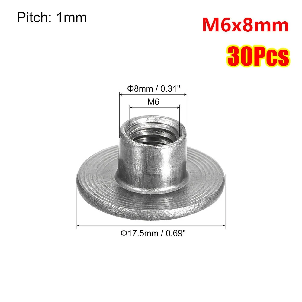 30Pcs M6 M8 Tee Nut Carbon Steel Through Hole T-Shaped Weld Nut Female Thread Round Base Flange Insert Nut
