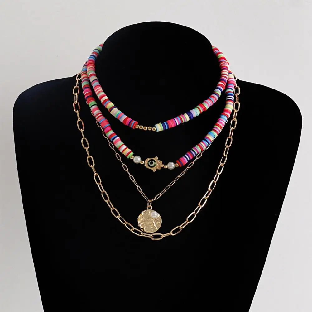 Exquisite Polymer Clay Jewelry Boho Layered Turquoise Necklaces for Women Soft Pottery Devil's Eye Jewelry Colorful for Party