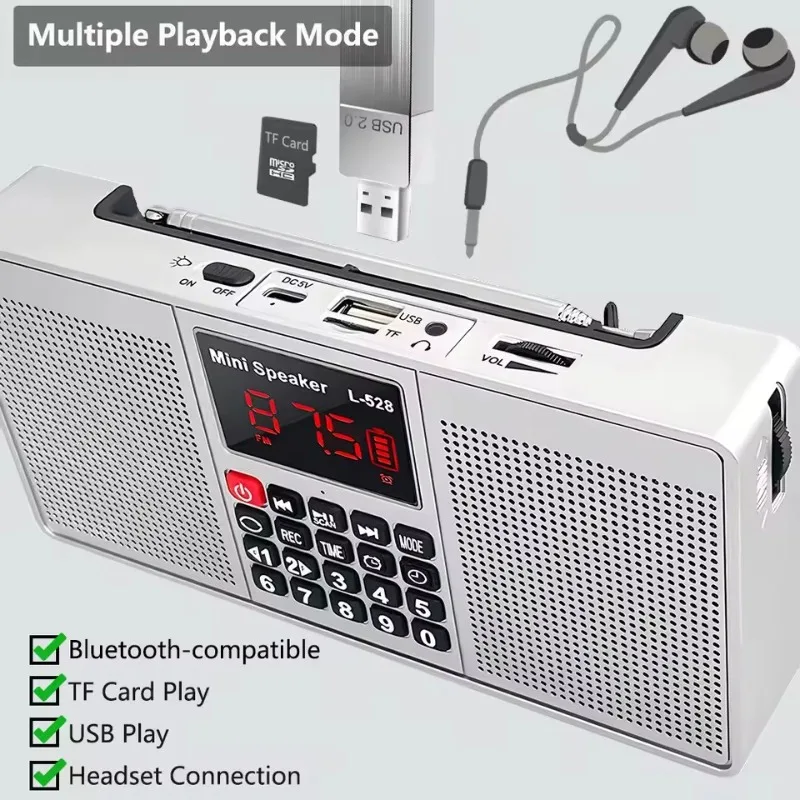 L-528 Multi Function Stereo Radio Hifi Speaker with Bluetooth AM FM TF USB Handsfree AUX Recorder Flashlight Clock Alarm Type C