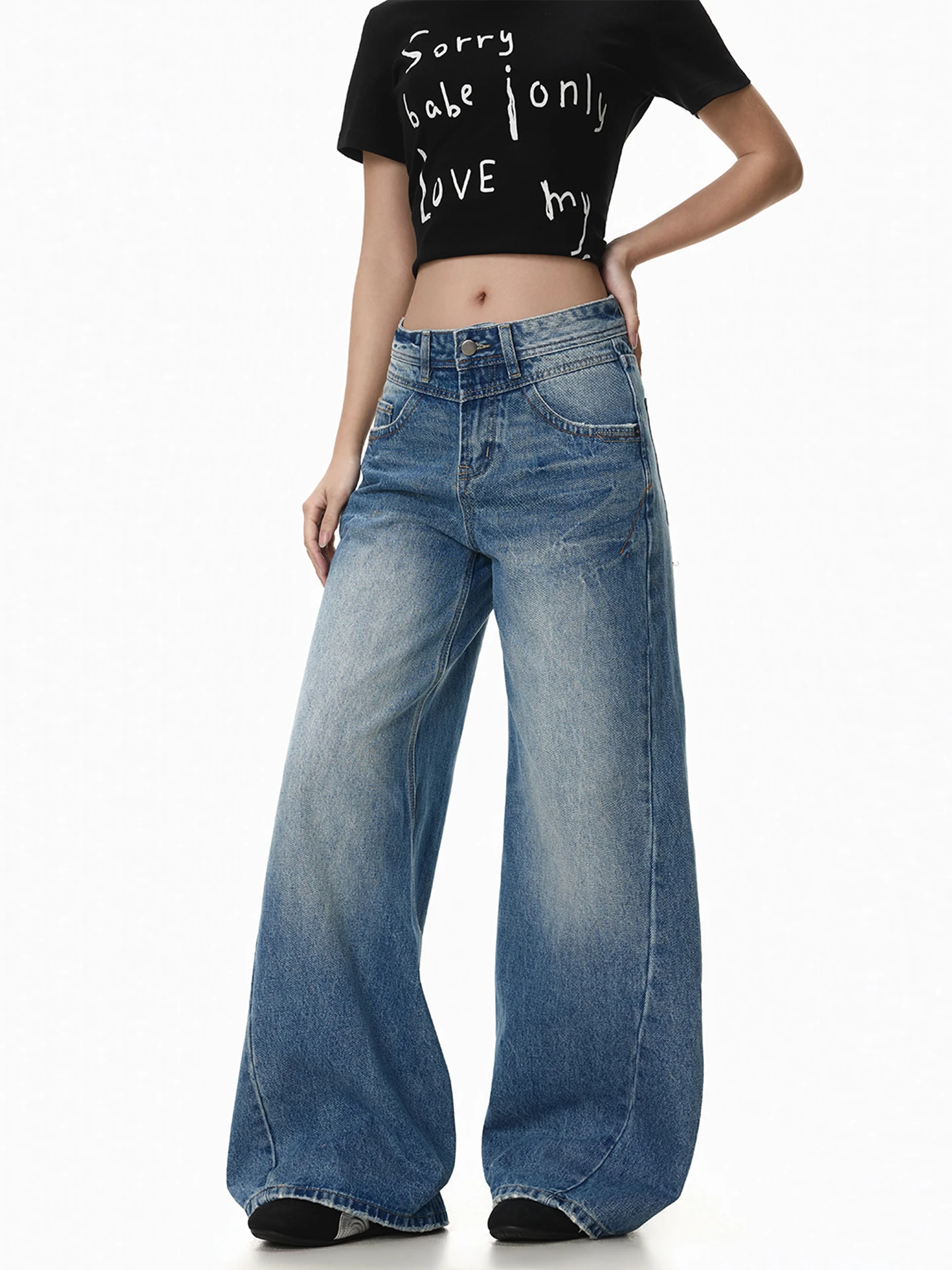 

FreeMary Vintage Low Waist Jeans Women's Spring Summer Fashion Loose Slim Straight Leg Wide Leg Pants Trendy Blue Denim