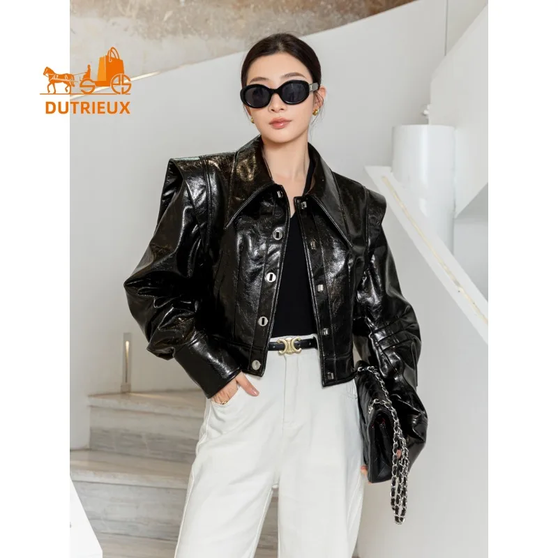 2025 New Autumn Women Short Patent Leather Jacket,Fashion Elegant 100% Genuine Leather Sheepskin Loose Motorcycle Coat for Women