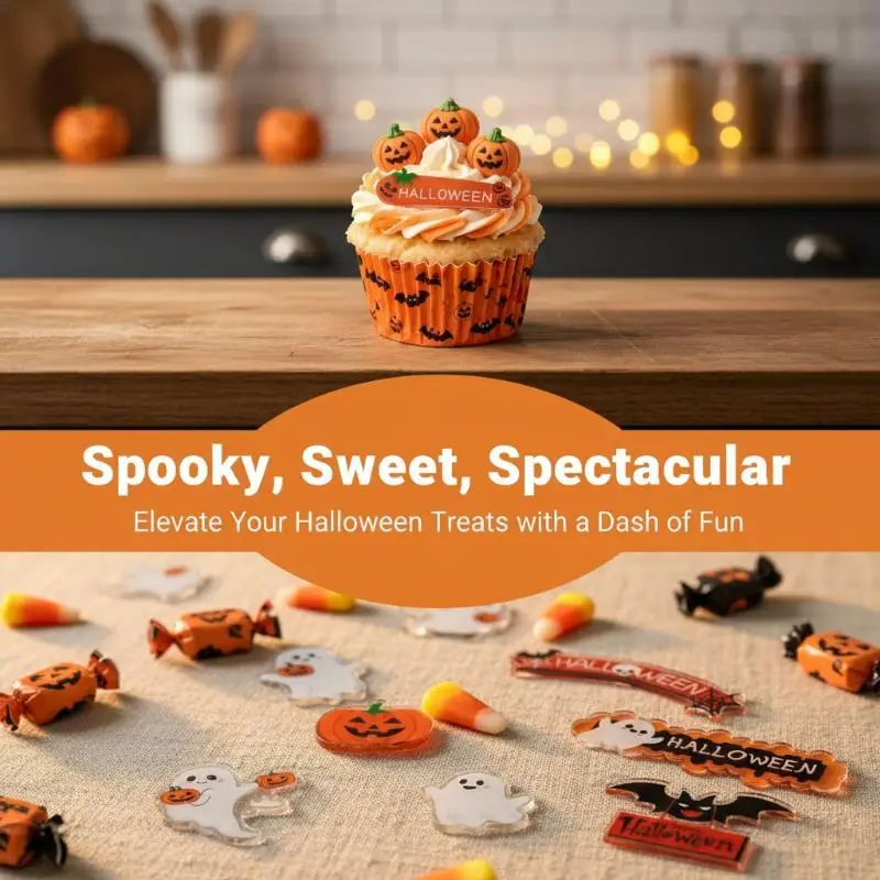 [F] Halloween Acrylic Cake Toppers With Cute Ghost Pumpkin Bat Patterns Smooth Edges For Halloween Party Baking Decoration