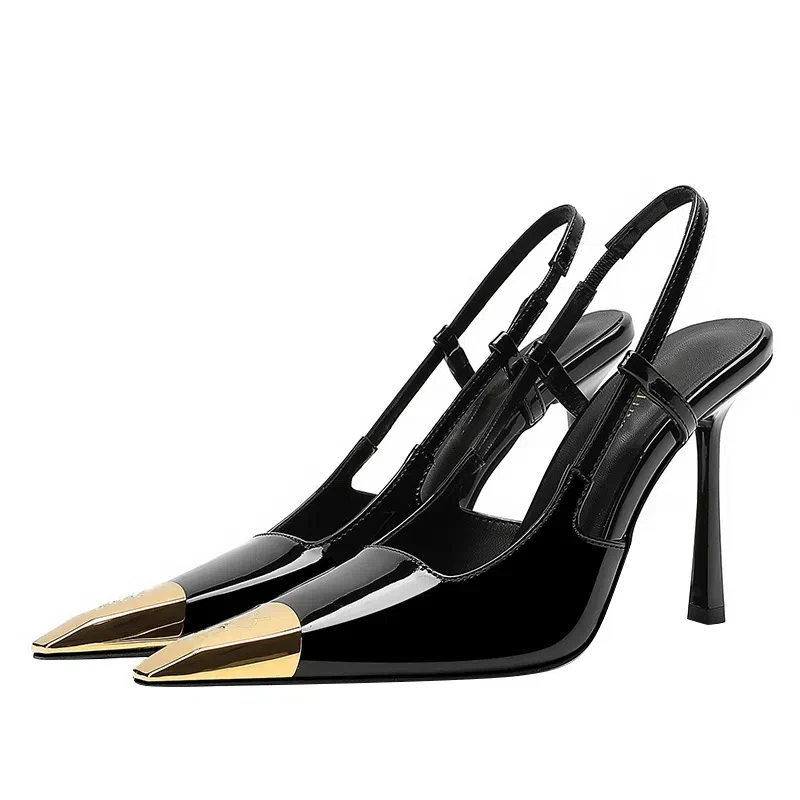 New Summer Women's High-heeled Sandals Gold Iron Head Patent Leather Black Stiletto Square Head Closed Toe Sling Back Shoes