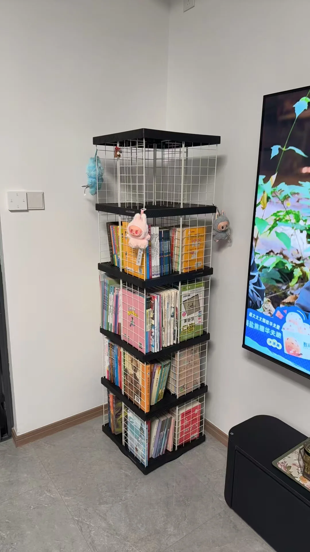 360° Rotating Bookshelf Metal Storage Rack for Living Room and Home Use Multi-Layer Storage Industrial Style Floor Standing