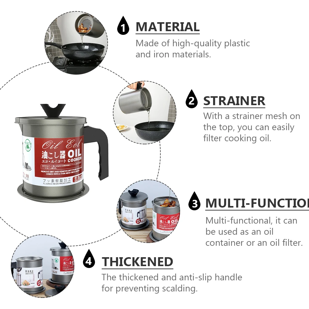 

1.4L Filter Pot Kitchen Grease Strainer Grease Container Oil Can With Filter Plastic Iron Anti-Slip Handle Spill-Proof
