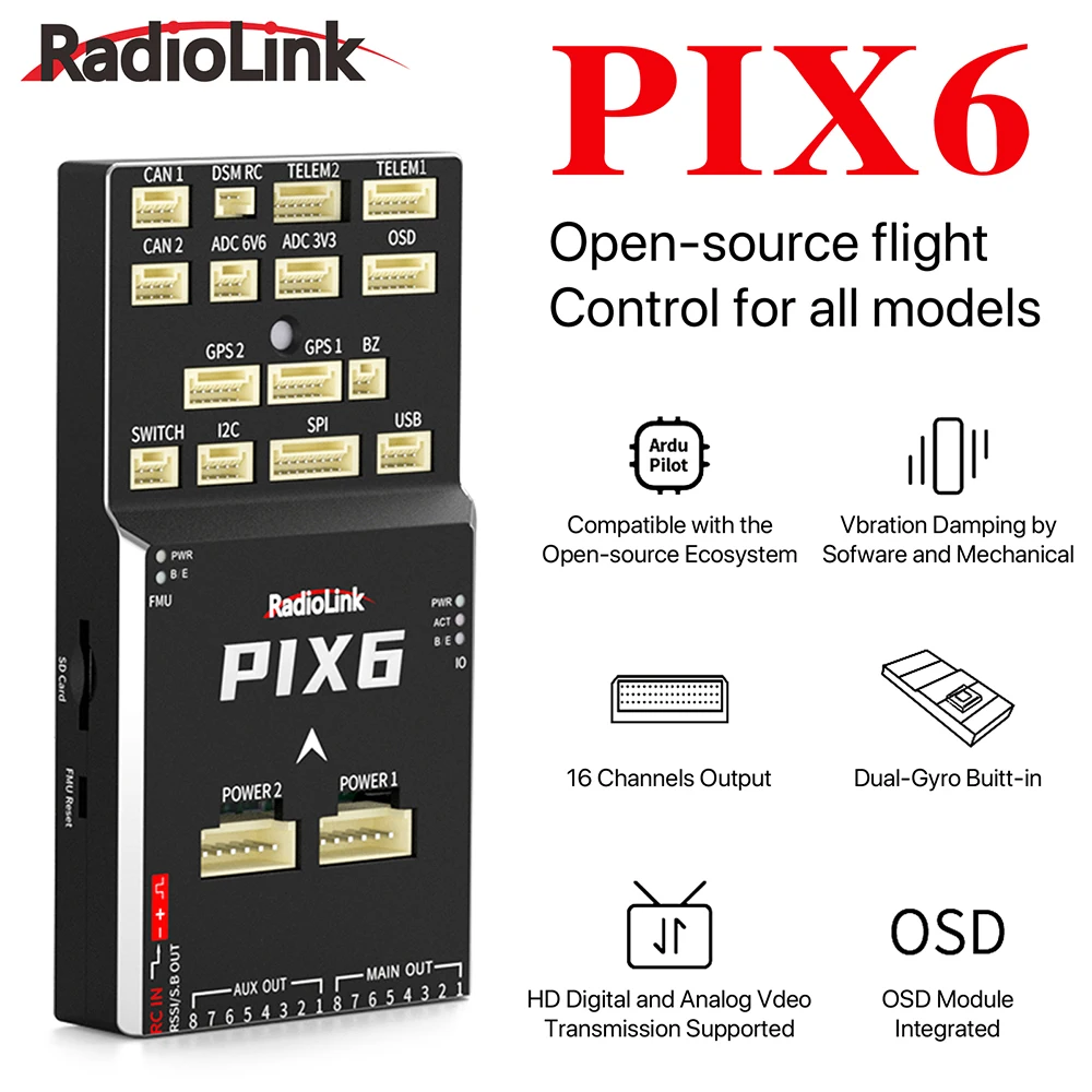 

Radiolink PIX6 16CH Flight Control Built-in BEC For Helicopter Fixed-wing Aircraft Submarines