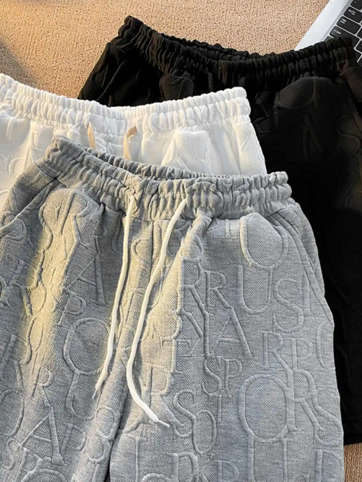 Summer Men Waffle Shorts Elastic Waist Letter Printed Knee-length Pants American Casual Fashion Loose Male shorts