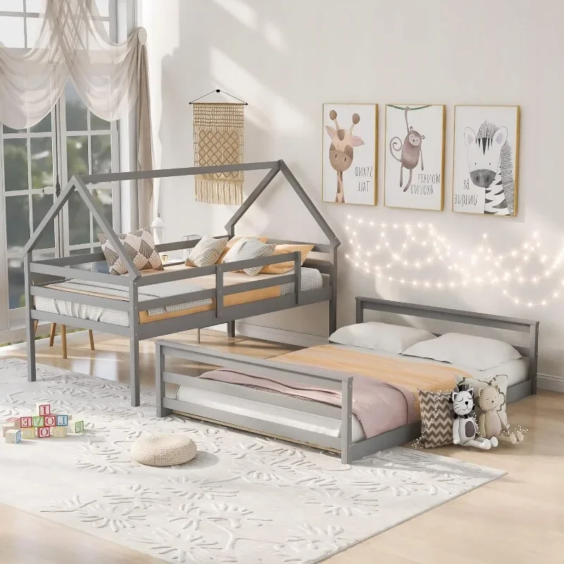 

Floor Bunk Bed with Ladder Twin Over Full,Wood Low Bunk Bed for Kids Juniors, Space-Saving,No Box Spring Needed Gray