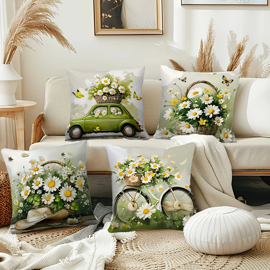 4Pcs Daisy Pillow Covers 45x45cm Double-sided Printed Cushion Cases Vintage Car Bicycle Basket Flower Home Decor No Insert