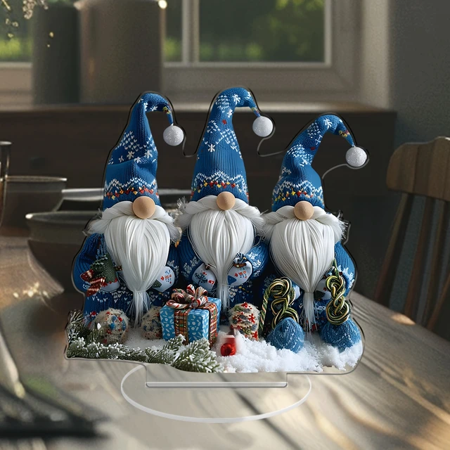 Set of three blue Christmas gnome decorations with festive hats, white beards and gift details