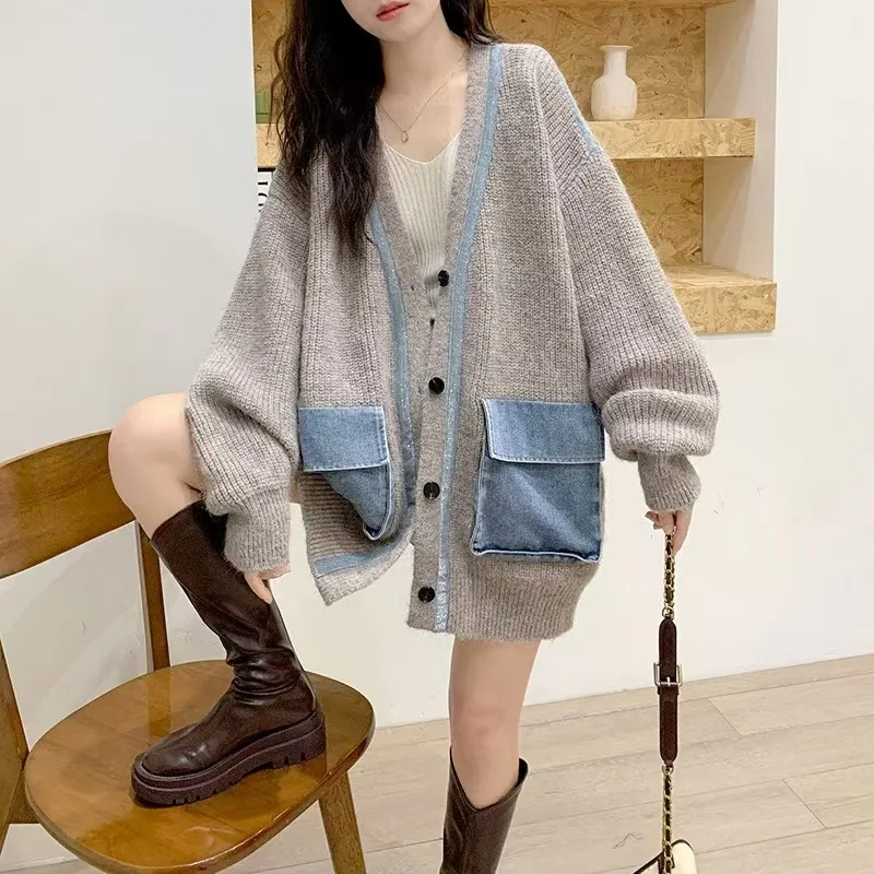 Womem Knitted Cardigan Coats Sweaters Full Sleeve V Neck Casual Loose Elegant Splice Denim Open Stitch Autumn Winter 2024