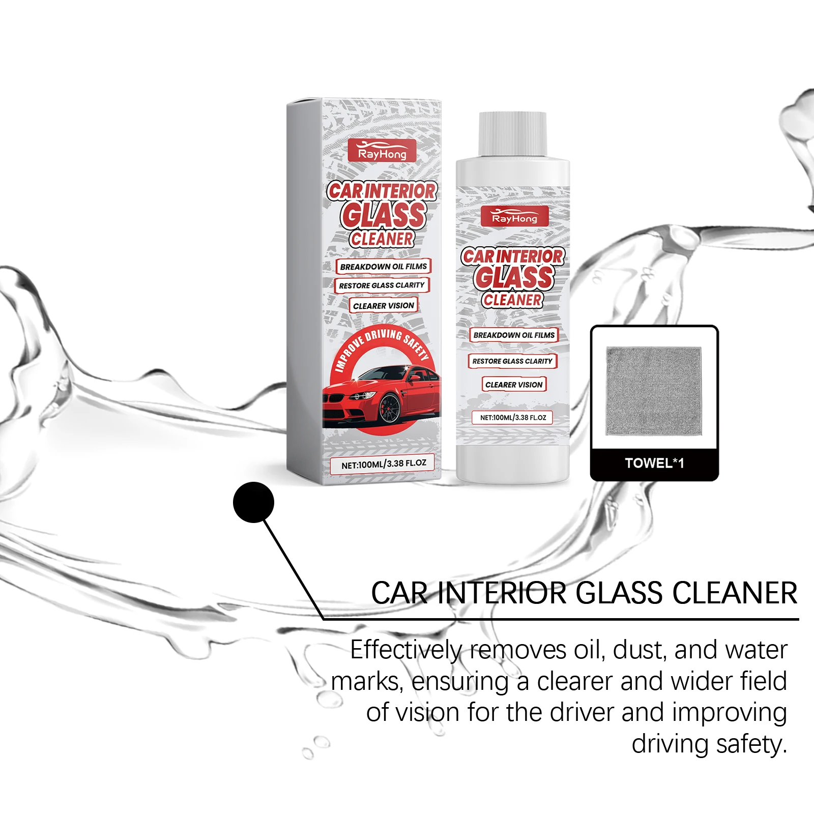 RAYHONG Car Glass Cleaner Kits For Windows Windshields Clean Stains Removes Oil Dust Anti-Fogging Waterproof Clear Driver Vision