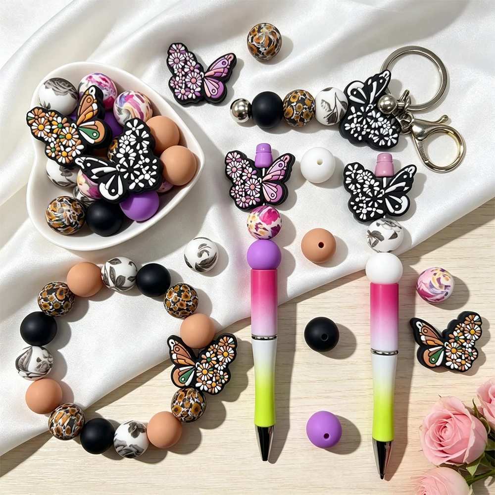 33/34/58-teiliges Set mit Silikonperlen in Form von Blumen und Schmetterlingen, zum Basteln von Halsketten, Armbändern, zur Dekoration von Stiften, Schmuckanhängern usw. Geburtstagsgeschenk für die Feiertage – Detail 5