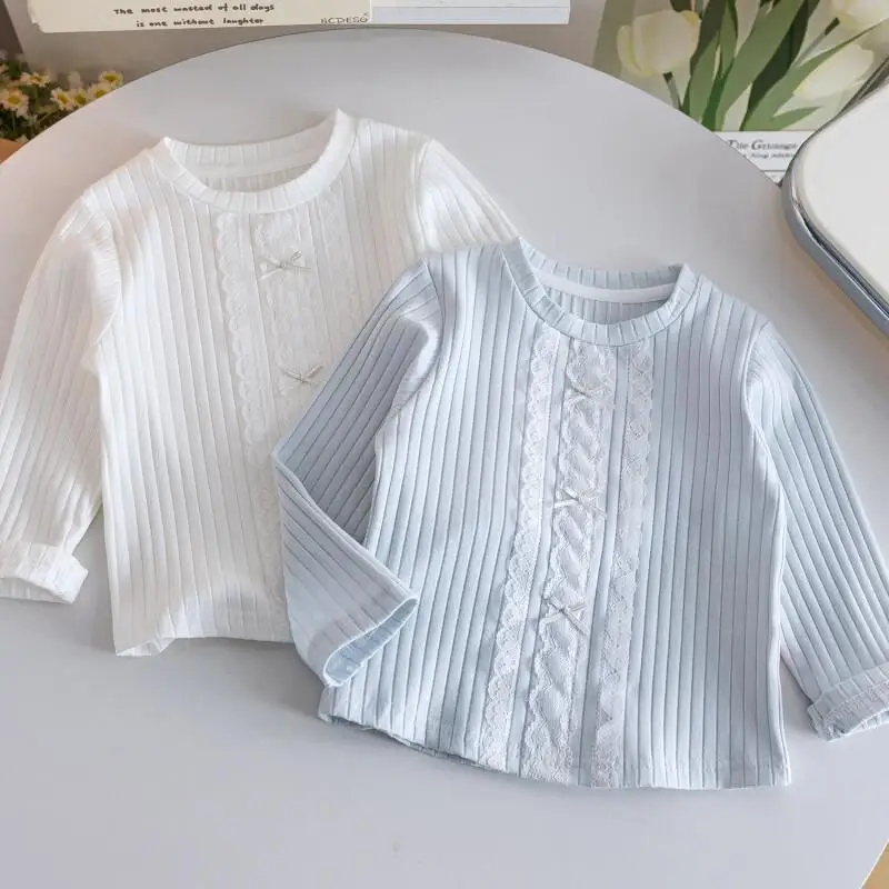 

Girls spring autumn Bottoming Shirts long sleeve round neck t-shirt with lace bow tops comfortable solid casual children clothes