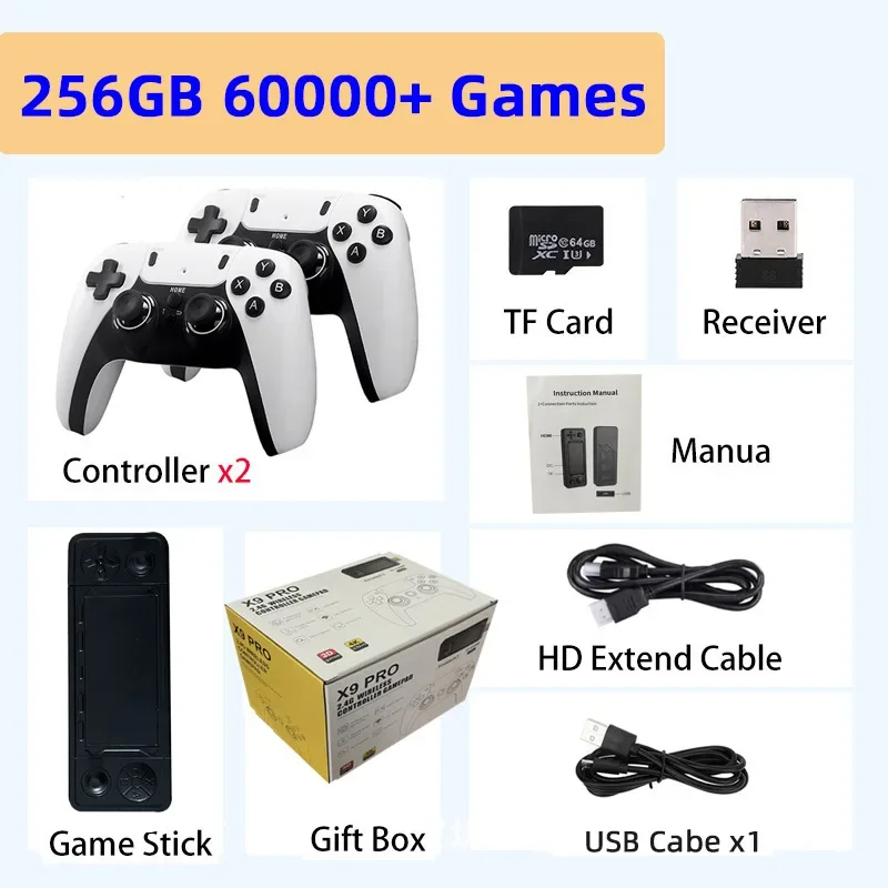 charge Controller X9 Pro Retro 4K 3D Game Stick TV HD Video Game Console 905X3 Chip 256G 60000 Games For PS1/PSP/SFC/N64