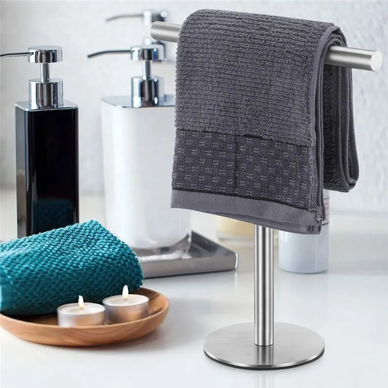 ABJN-Brushed Finish Standing Towel Rack, Heavy Duty Base, Stainless Steel T-Shaped Hand Towel Stand For Bathroom, Kitchen.